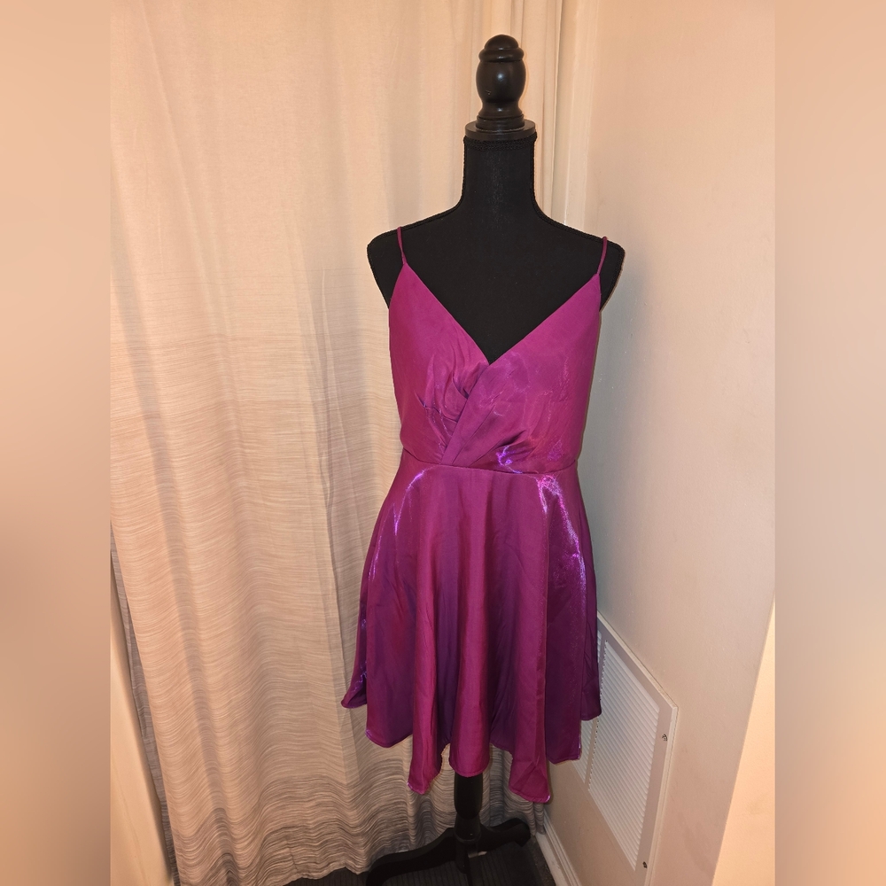 Purple Metallic Satin Mini Flare Dress